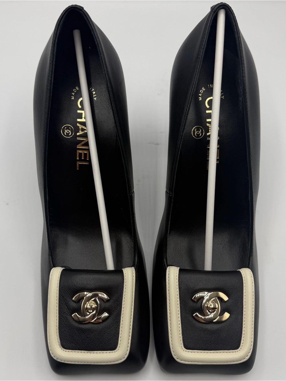 NEW CHANEL 26S Matthieu Blazy Black Ivory Lambskin Leather Heels G47208 EU 38